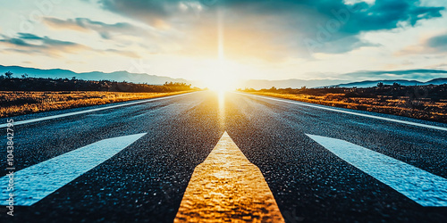 Asphalt Road Symbolism, Long, asphalted road with upward arrows. Symbolizes growth, development, success.Ideal for themes of progress, ambition, and continuous improvemen photo