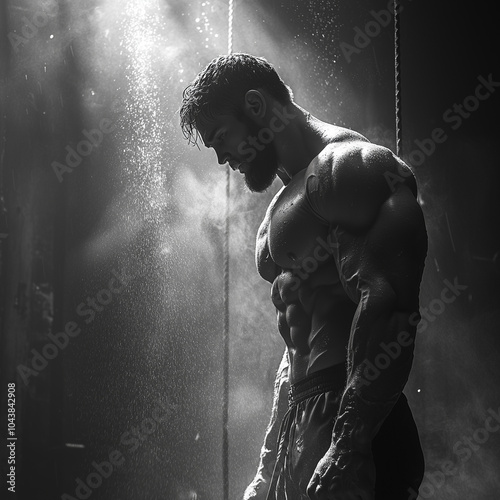 dramatic black and white shot of a muscular man under a shower, steam and water droplets highlighting his intense workout aftermath