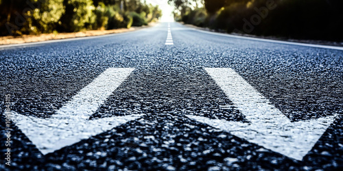 Asphalt Road Symbolism, Long, asphalted road with upward arrows. Symbolizes growth, development, success.Ideal for themes of progress, ambition, and continuous improvemen photo