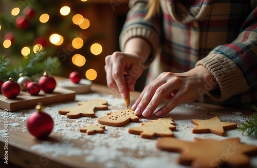 Close-up of woman's hands making cookies from New Year's molds. Against the background of a rustic kitchen. Flickering garlands against the background of the Christmas tree. Cookies in the shape of Ch