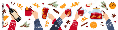 Stock vector mulled wine. Winter drinks. Hands with mug, glass, cup, teapot, bottle of wine. Fruits and spices. Vector illustration set.