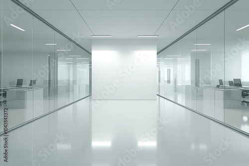 Modern office hallway with glass walls and a blank white wall at the end.