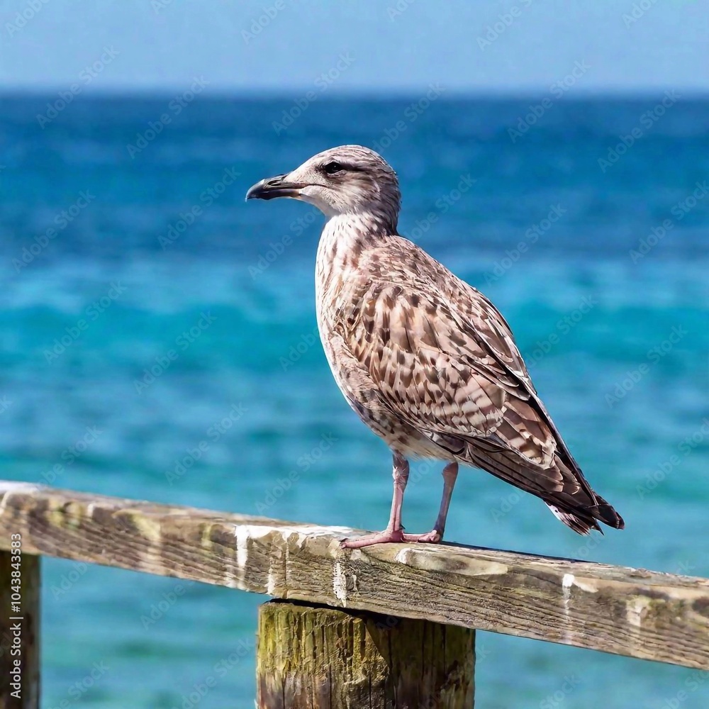 Obraz premium A bird perched on a wooden pier by the sea
