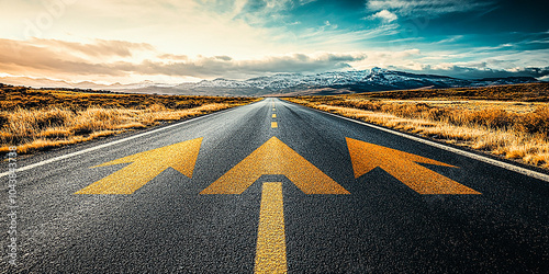 Long Asphalt Road with Upward Arrows: Symbol of Growth, Progress, and Success