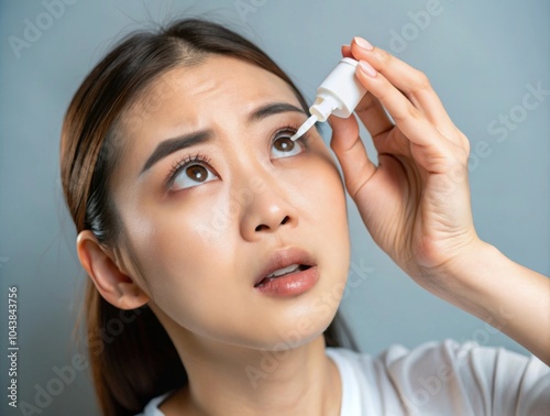 Health care concept, eye problem asian young woman applying, using medical eye drops to treat dry eye and irritation, suffering from irritated eye dry eyes or inflammation, allergy optical symptom.