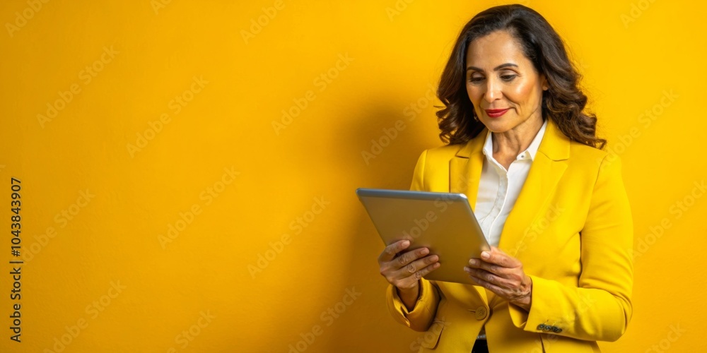 Latin mature adult professional business woman looking at online trade app. European businesswoman CEO holding digital tablet using tab application standing at workplace in office. Banner, copy space Latin mature adult professional business woman looking at online trade app. European businesswoman CEO holding digital tablet using tab application standing at workplace in office. Banner, copy space