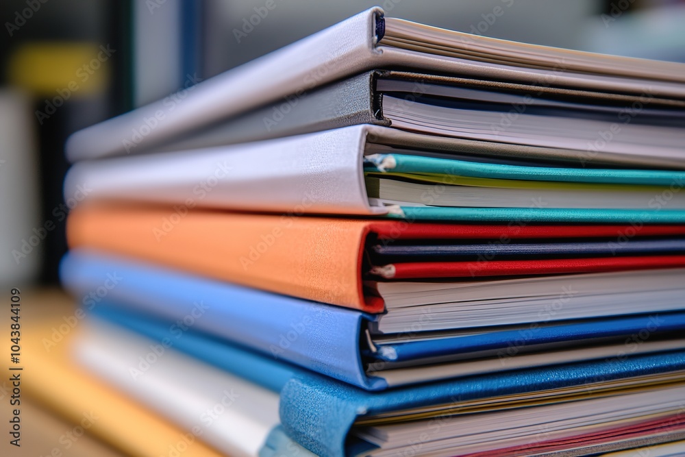 Stacked colorful hardcover books on desk Stacked colorful hardcover books on desk