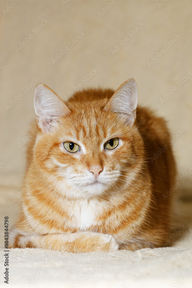 Closeup portrait of ginger cat lying on a bed and looking straight ahead directly into the camera against blurred background. Shallow focus. Copyspace. Closeup portrait of ginger cat lying on a bed and looking straight ahead directly into the camera against blurred background. Shallow focus. Copyspace.