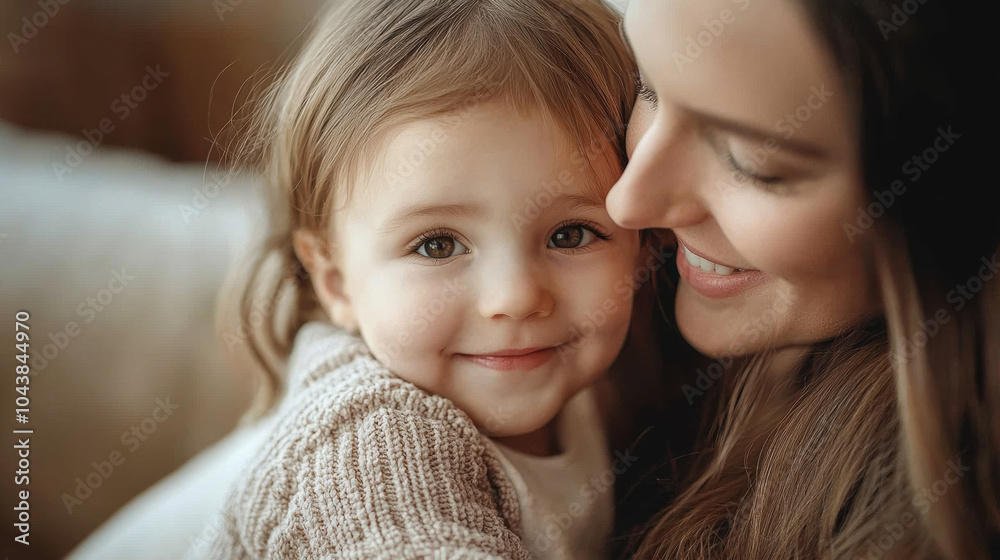 A mother and daughter share a joyful moment together while cuddling on a cozy sofa in a softly lit living room during the afternoon A mother and daughter share a joyful moment together while cuddling on a cozy sofa in a softly lit living room during the afternoon