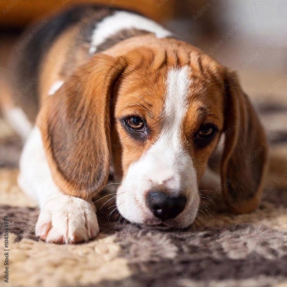 A detailed close-up of a sleepy Beagle puppy lying on a blanket, its soft fur and tiny paws in sharp focus, while the background showcases a warm and cozy indoor setting A detailed close-up of a sleepy Beagle puppy lying on a blanket, its soft fur and tiny paws in sharp focus, while the background showcases a warm and cozy indoor setting