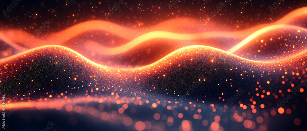 Fototapeta premium Abstract Orange Glow with Glittering Particles and Smooth Waves