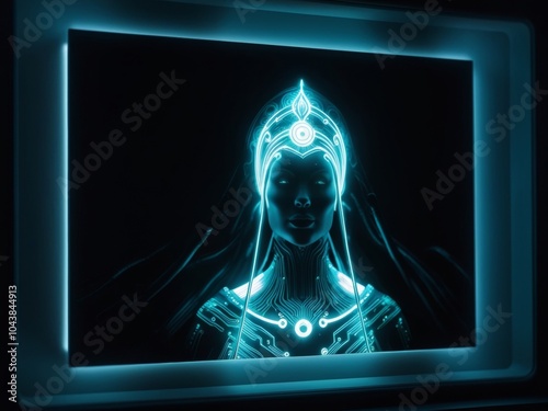 a mystifying bioluminescent stygian oracle beckons with ethereal grace. This enigmatic figure, portrayed in a photograph, emanates a soft, haunting glow that illuminates the surrounding darkness.   photo