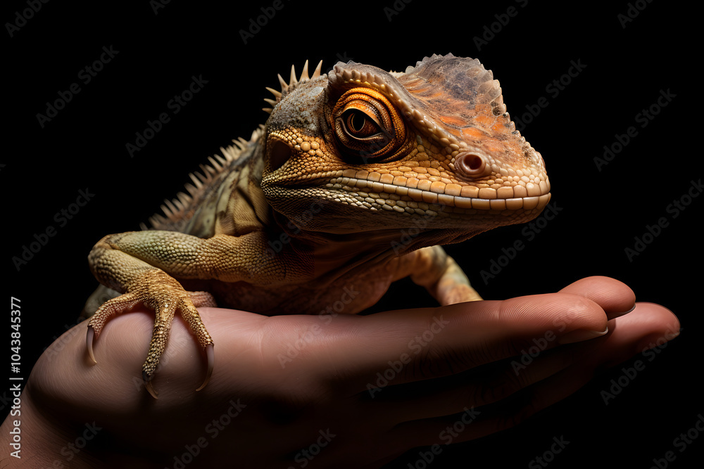 Fototapeta premium lizard sitting on a human hand, gecko lizard