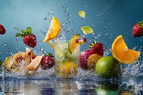 Fresh Fruit Splashing into a Glass of Lemonade.