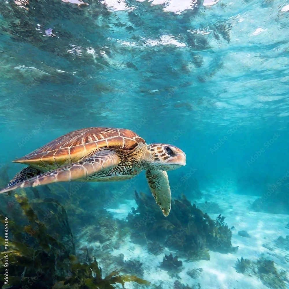 Fototapeta premium A full shot of a sea turtle swimming near a kelp forest, with rack focus transitioning from the turtle and the kelp in the foreground to the soft, blurred background of the ocean and distant marine