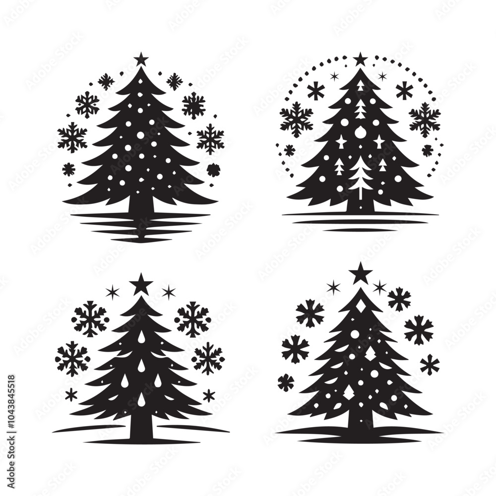 Obraz premium Christmas Design Around Snowflake Tree Set with Silhouette Holiday Ornaments, Trees, and Stars