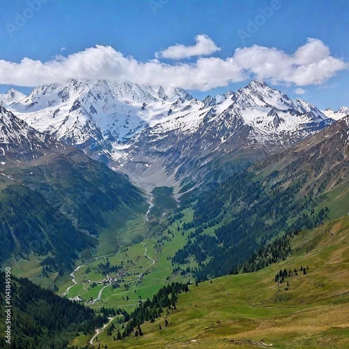 A full shot of a picturesque mountain range viewed from a high angle. The photograph captures the rugged peaks and rolling valleys, with snow-capped summits and lush green valleys extending far into