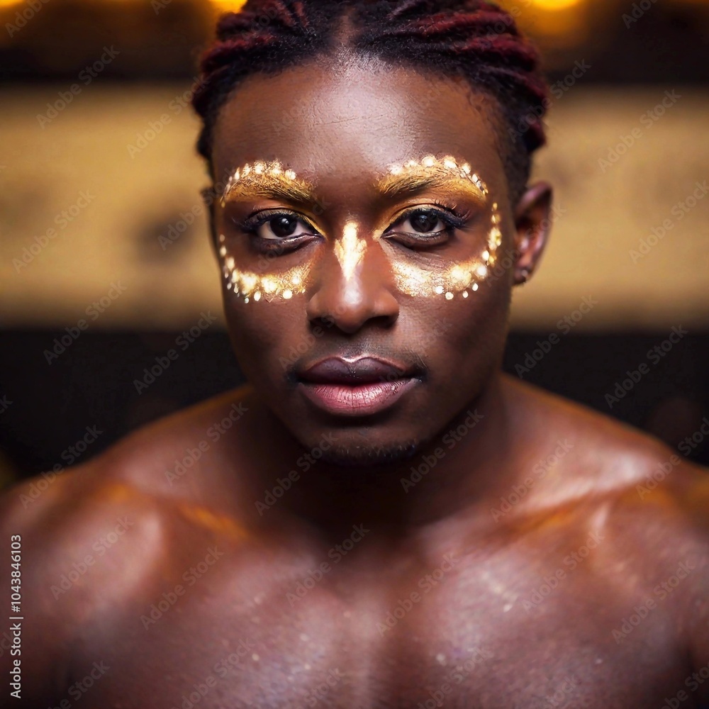 african man in golden mask with golden glitter and lights african man in golden mask with golden glitter and lights