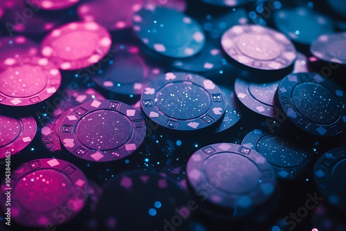 Close-up of Poker Chips in Pink and Blue Neon Lights. photo