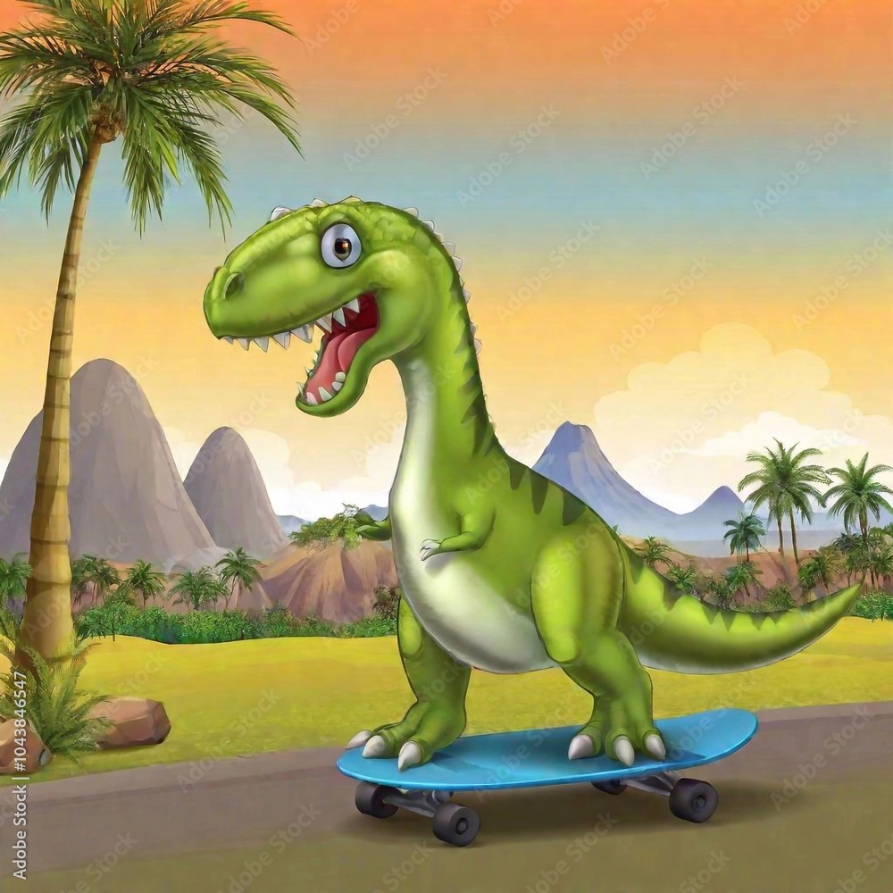 Fototapeta premium A playful cartoon dinosaur riding a skateboard through a prehistoric park with volcanoes and palm trees in the background