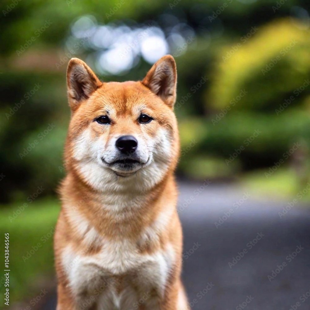 lose-up of a Shiba Inu, focusing on its fluffy fur and pointed ears, while the background of a Japanese garden softly fades into a blur lose-up of a Shiba Inu, focusing on its fluffy fur and pointed ears, while the background of a Japanese garden softly fades into a blur
