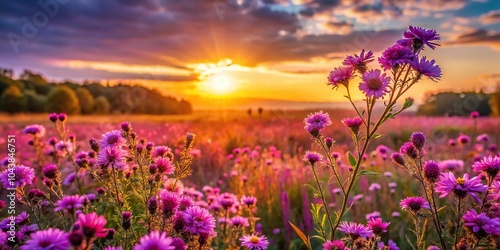 Fototapeta Naklejka Na Ścianę i Meble -  Purple and pink flowers in a meadow with a sunset background, capturing the autumn fall vibe