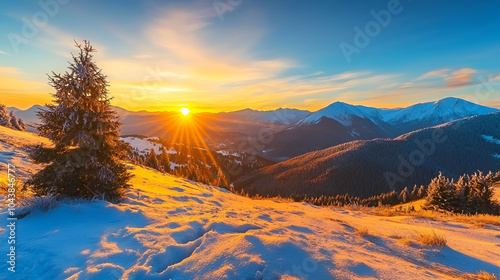 Majestic sunrise in the winter mountains landscapeMajestic sunrise in the winter mountains landscape photo