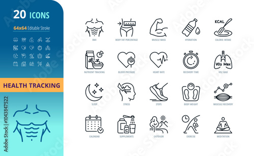 Health & Wellness Metrics Icons Set - 20 Vector Icons, Editable Stroke, Fitness Tracking & Body Health Indicators