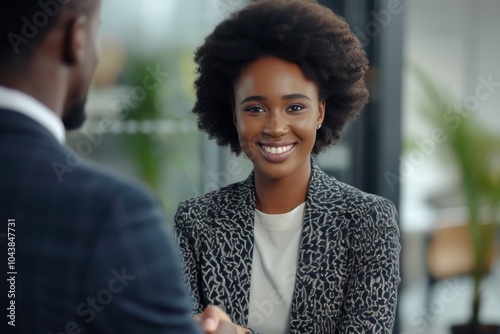 A professional woman smiles during a business meeting while greeting a colleague in a modern office setting