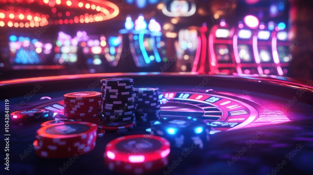 A roulette table bathed in electric neon lights, with chips stacked high, capturing the anticipation and high stakes of the game. A roulette table bathed in electric neon lights, with chips stacked high, capturing the anticipation and high stakes of the game.
