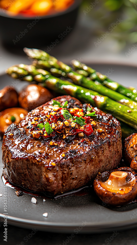 Savoring a delicious grilled steak with asparagus and mushrooms a culinary delight for food enthusiasts Savoring a delicious grilled steak with asparagus and mushrooms a culinary delight for food enthusiasts