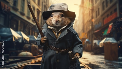 A Guinea Pig detective in a classic trench coat and fedora, solving mysteries in a bustling cityscape with a magnifying glass.