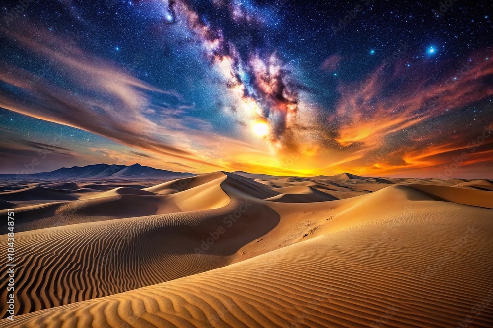 Naklejka premium Sand dunes overlooking the sunset sunrise Desert at night under a starry sky In the night sky galaxies and nebulae Mystical surreal background Aerial