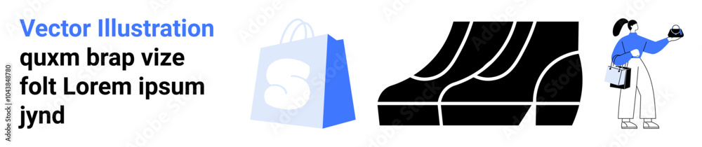 Text with placeholder content, a blue shopping bag, black and white stacked footwear, and a person offering a package. Ideal for online shopping, e-commerce, retail, delivery, customer service