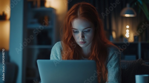 beautiful redhead woman at her laptop in her room