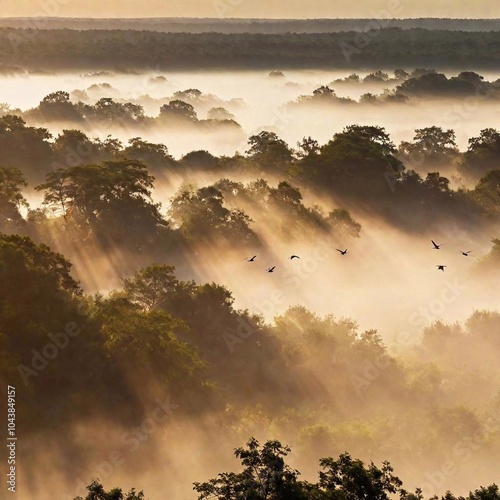 Birds soaring over a misty forest at dawn photo