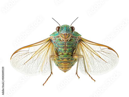 Close-up of a vibrant green cicada with detailed wings isolated on a white background.