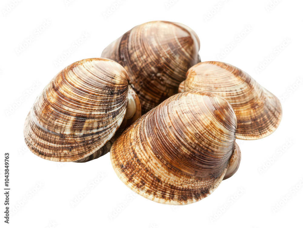A collection of beautiful, striped seashells showcasing intricate patterns and natural earthy tones. A collection of beautiful, striped seashells showcasing intricate patterns and natural earthy tones.