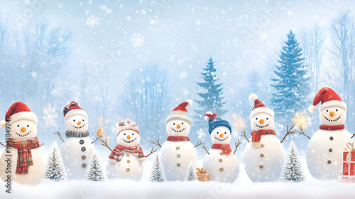 Merry Christmas and happy New Year greeting card with copyspaceMany snowmen standing in winter Christmas landscapeWinter background photo