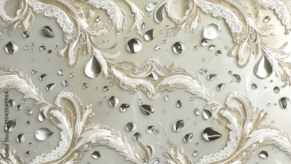 Silver glitter floral design with water drops on wallpaper Silver glitter floral design with water drops on wallpaper