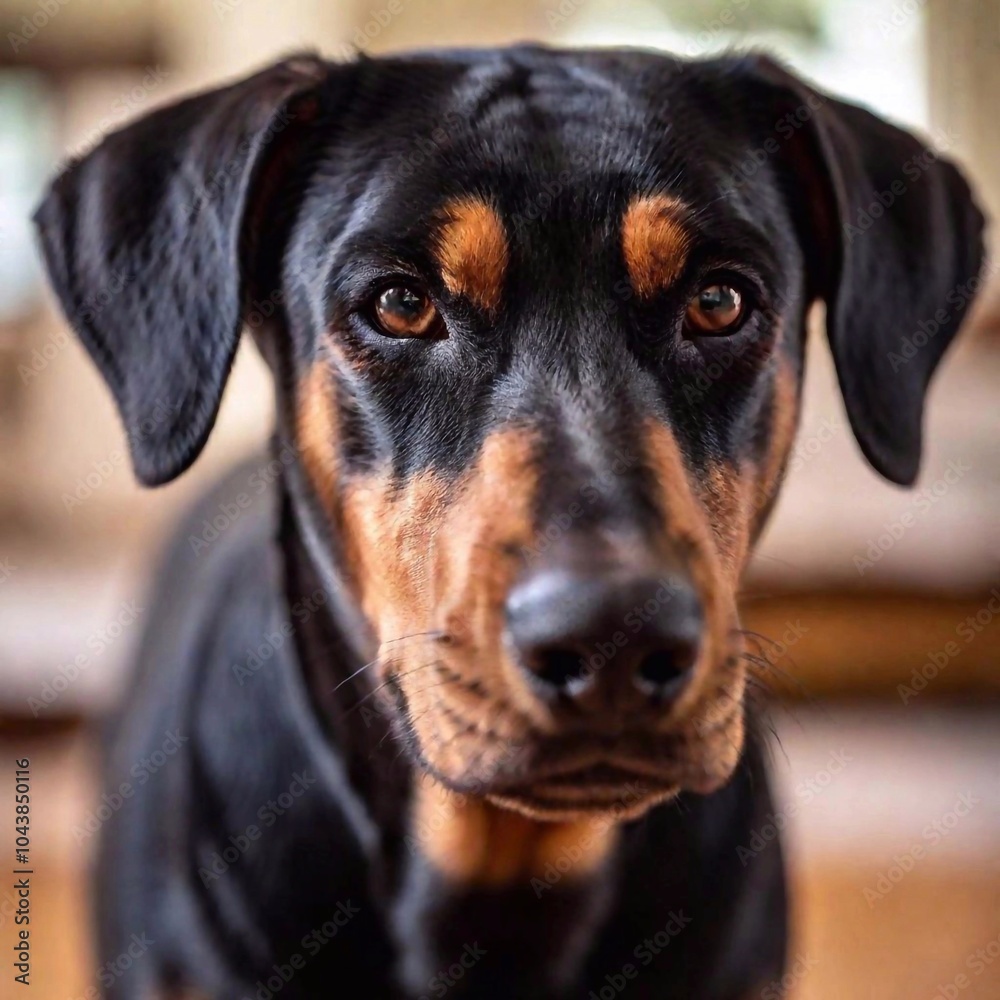 Dobermann wrinkled face in full focus, with its expressive eyes and cute snout standing out, as the blurred background highlights a cozy home setting Dobermann wrinkled face in full focus, with its expressive eyes and cute snout standing out, as the blurred background highlights a cozy home setting