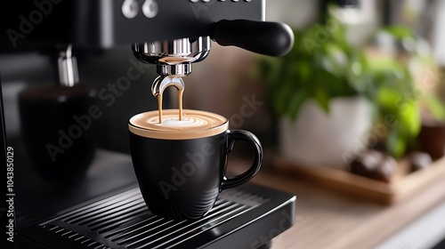 Modern Black Coffee Machine in a Stylish Kitchen with Cup - Sleek Home Appliance Closeup