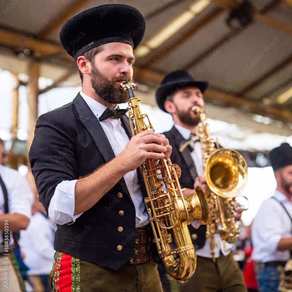 Obraz premium extreme macro of a Bavarian band playing inside a beer tent at Munich Oktoberfest. The rack focus moves from the musicians' instruments to the energetic crowd dancing and enjoying the music, all