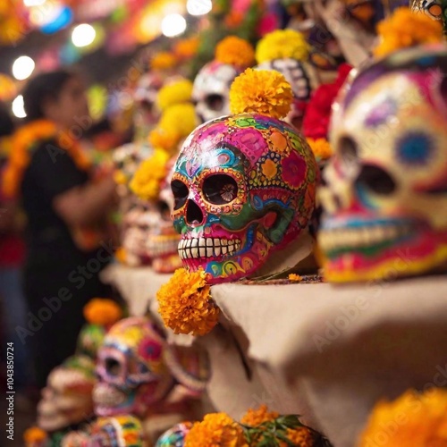 extreme macro A lively Dia de los Muertos street scene with stalls selling colorful decorations, including calaveras, papel picado, and marigold wreaths, set against a backdrop of festive lights and