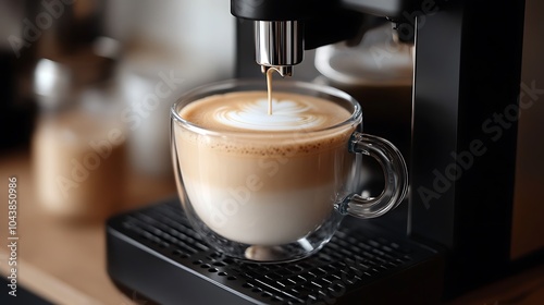 Modern Black Coffee Machine in a Stylish Kitchen with Cup - Sleek Home Appliance Closeup