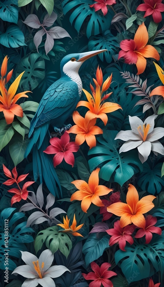 Tropical exotic pattern with animal and flowers in bright colors and lush vegetation Tropical exotic pattern with animal and flowers in bright colors and lush vegetation
