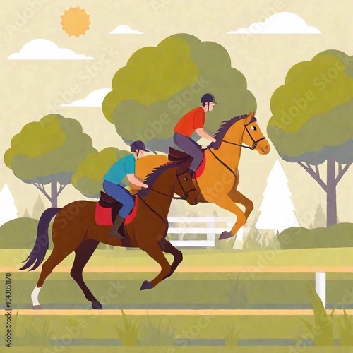 A colorful vector of multiple horses and riders in an equestrian cross-country race, captured from a side view, with trees and obstacles in a flat illustration style.