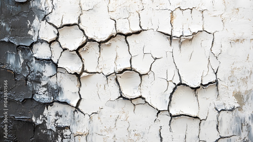 Obraz premium Cracked Thick Paint, Black and White, Abstract Image, Texture, Pattern Background, Wallpaper, Smartphone Cover and Screen, PC, Laptop, 9:16 and 16:9 Format