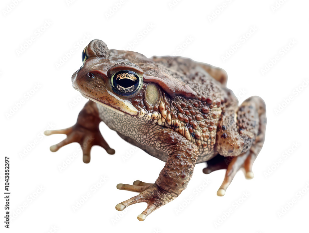 Fototapeta premium Detailed close-up of a textured brown toad isolated on white background.