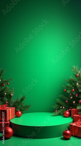 A bright green backdrop with a podium, sparkling red decorations and gifts create a cheerful festive atmosphere.